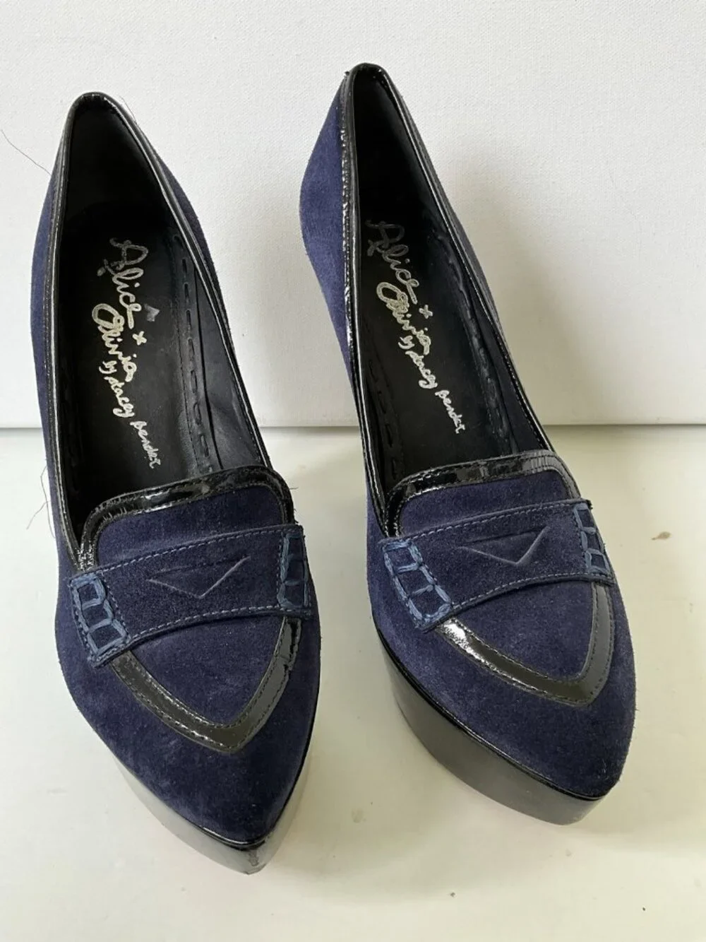 Alice + Olivia Navy Suede Penny Loafer Wedge Pumps Platform Heels EU 38 US7.5